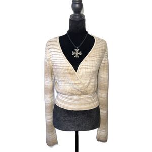 American Eagle Knit Striped V-Neck Cropped Sweater Beige Long Sleeve Size L